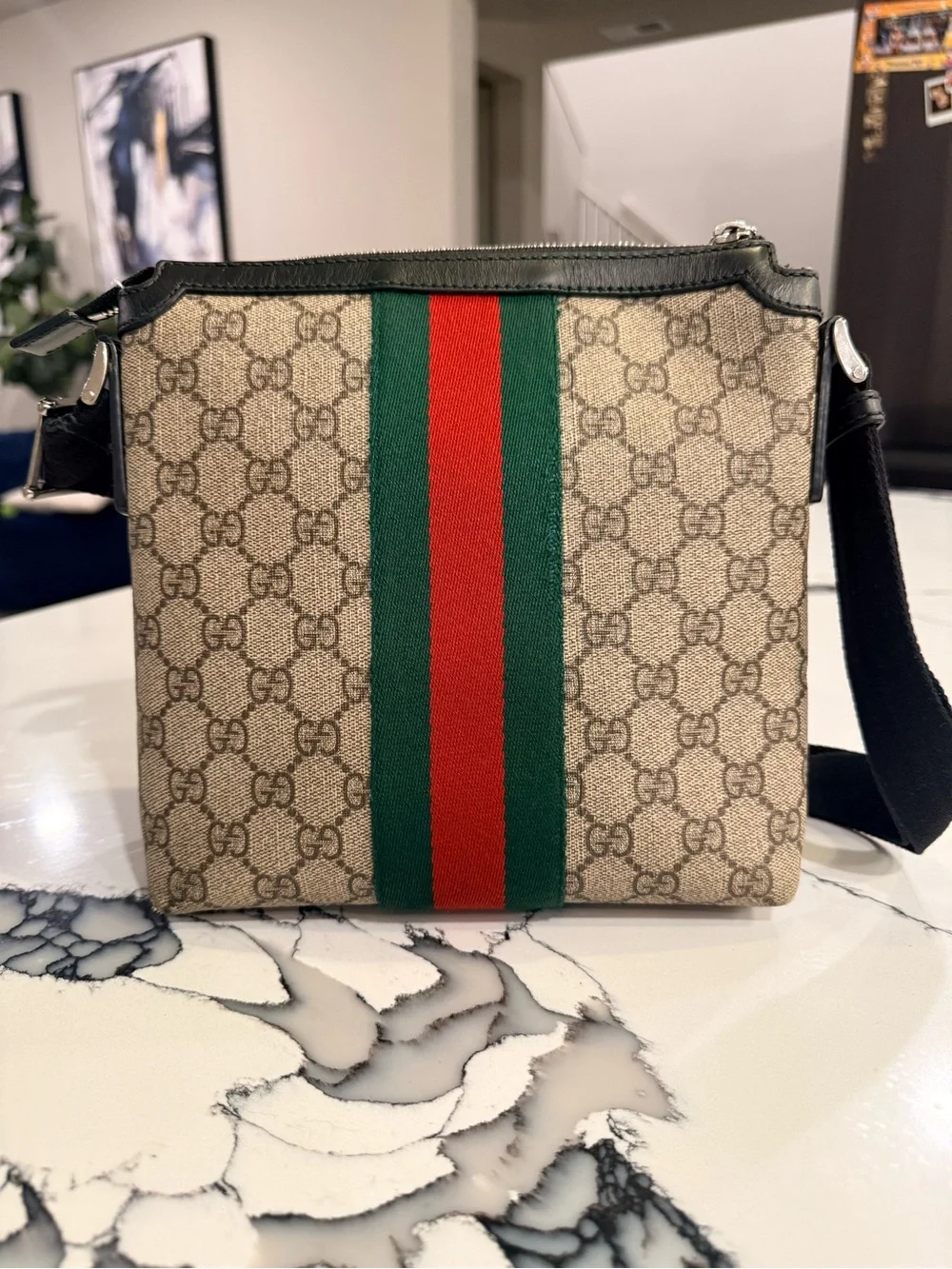 Gucci Beige GG Canvas Messenger Bag with Green and Red Web Stripe